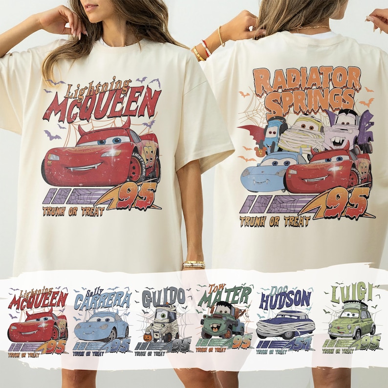 May include: Cream-coloured t-shirt featuring Lightning McQueen and the text "Lightning McQueen 95 Trunk or Treat" on the front. The back of the shirt displays "Radiator Springs" and other characters. Below are images of other characters.