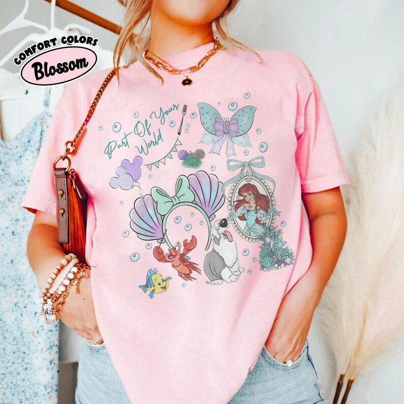 WDW Girl Trip 2026, Coquette Bows Disney Ariel Princess Comfort Colors Shirt, The Little Mermaid Movie Tee, Mickey Balloon, Gift For Her image 7