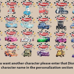 Puede incluir: Ilustraciones de coches de dibujos animados, cada uno con una pancarta con un nombre. Los coches son de varios colores y dise&ntilde;os, con un tema de carreras. El texto en la parte inferior dice: "Si quieres otro personaje, introduce el nombre de ese personaje de Disney en la secci&oacute;n de personalizaci&oacute;n."