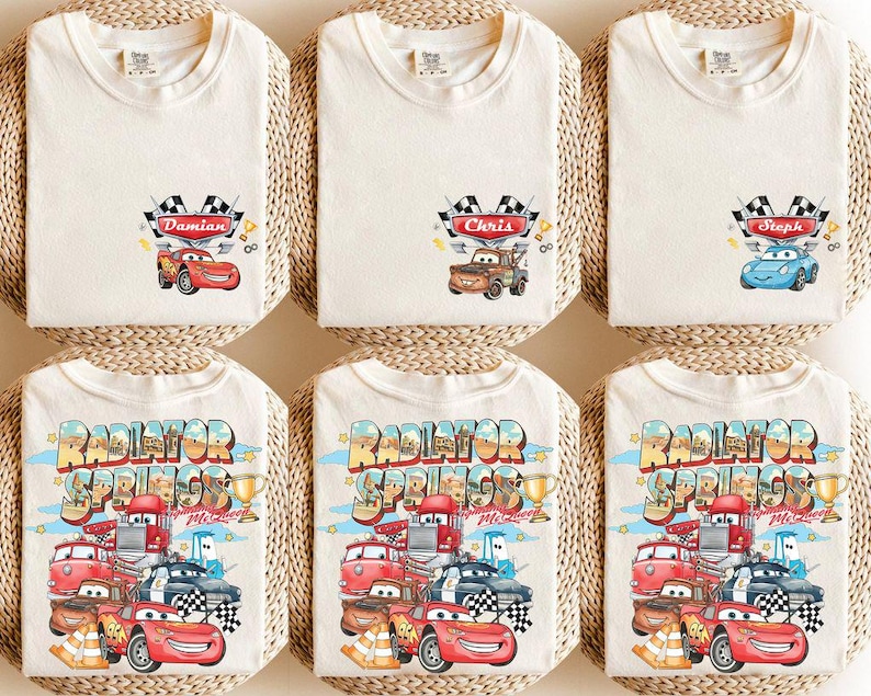 Camiseta personalizada de Disney Cars, camiseta de Lightning McQueen de Pixar, camiseta de Tow Mater Doc Hudson de Radiator Springs, camiseta de Disney Family Trip para Disneyland. imagen 1