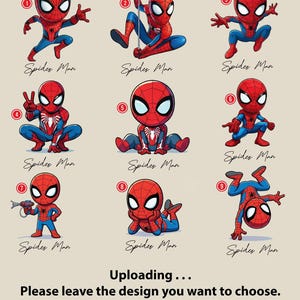 K&ouml;nnte beinhalten: Neun Cartoon-Illustrationen von Spider-Man in verschiedenen Posen, jede mit einer einzigartigen Aktion. Die Figur ist in ihrem klassischen rot-blauen Anzug dargestellt. Der Text "Spider Man" erscheint unter jedem Bild. Der untere Teil des Bildes enth&auml;lt den Text "Uploading... Please leave the design you want to choose."