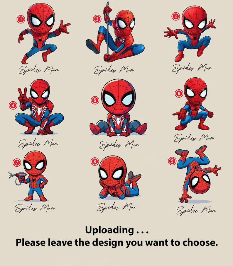 K&ouml;nnte beinhalten: Neun Cartoon-Illustrationen von Spider-Man in verschiedenen Posen, jede mit einer einzigartigen Aktion. Die Figur ist in ihrem klassischen rot-blauen Anzug dargestellt. Der Text "Spider Man" erscheint unter jedem Bild. Der untere Teil des Bildes enth&auml;lt den Text "Uploading... Please leave the design you want to choose."