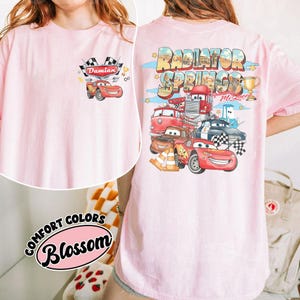 Puede incluir: Camiseta rosa claro con un estampado colorido de personajes de la pel&iacute;cula Cars. La parte delantera tiene un coche de carreras rojo con el nombre "Damian" y una bandera a cuadros. La parte trasera de la camiseta dice "Radiator Springs".