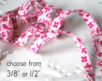 bright pink floral silhouette - double fold, bias tape - 3 yards, CHOOSE 3/8" or 1/2" wide