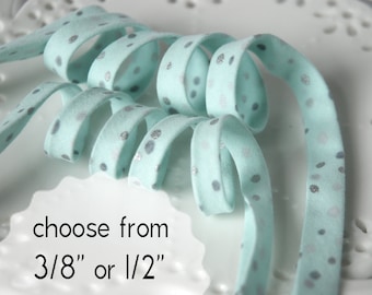 grey and metallic silver dots on mint  - double fold, bias tape - 3 yards, CHOOSE 3/8" or 1/2" wide