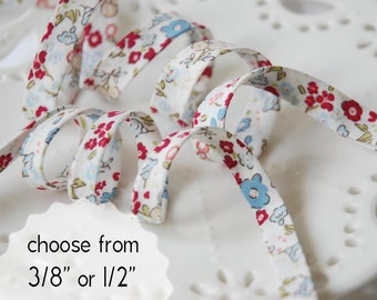 blue and red flowers  - double fold, bias tape - 3 yards, CHOOSE 3/8" or 1/2" wide