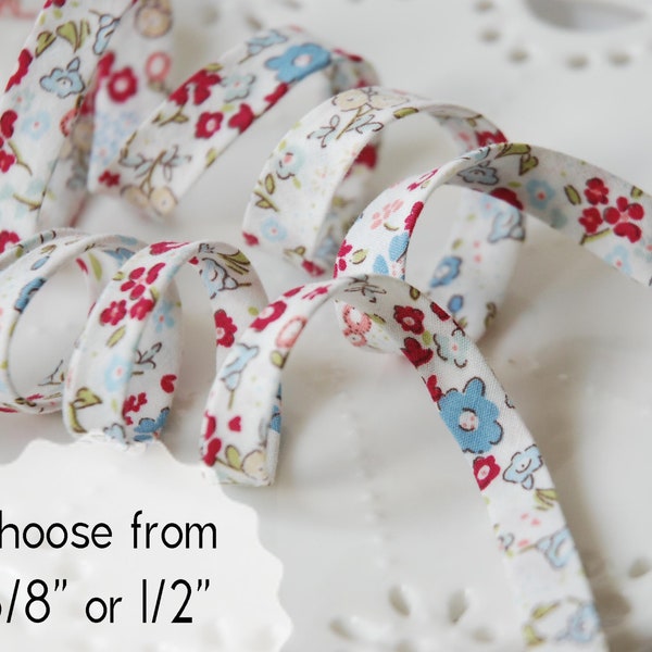 blue and red flowers  - double fold, bias tape - 3 yards, CHOOSE 3/8" or 1/2" wide