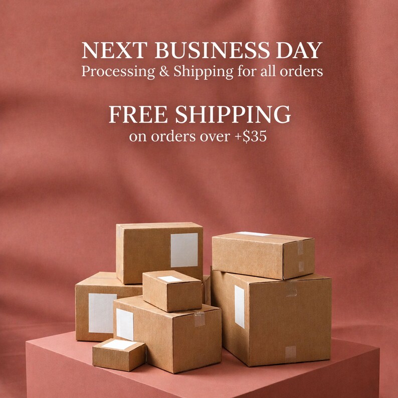 cardboard boxes stacked on top of each other, with text overlaid on the image promoting a "Next Business Day" event where processing and shipping for all orders are free, and there is a $35 limit on orders over.