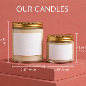 two candles of different sizes, with the larger candle being 9 oz and the smaller candle being 4 oz. The candles are placed on a red surface, and there are measurements provided for each candle size.