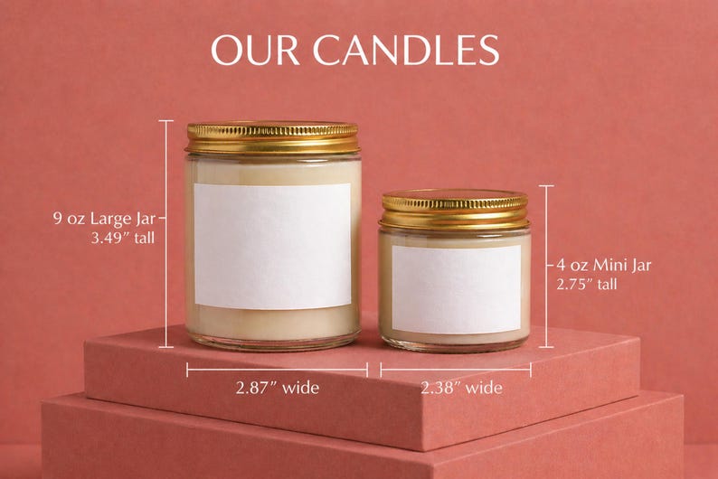 two candles of different sizes, with the larger candle being 9 oz and the smaller candle being 4 oz. The candles are placed on a red surface, and there are measurements provided for each candle size.