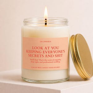 May include: A lit soy wax candle in a clear glass jar with a gold lid. The label reads "LOOK AT YOU KEEPING EVERYONE'S SECRETS AND SHIT." The candle is hand-poured and has a light pink label.