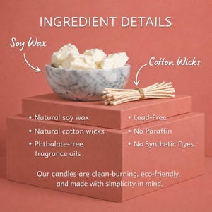 a collection of natural ingredients used in making cotton wicks and soy wax, highlighting their eco-friendly and simplicity in mind.