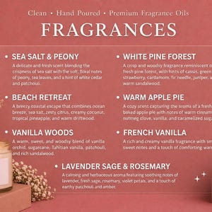 The image is a collection of scented candles and flowers, each with a label describing the fragrance.