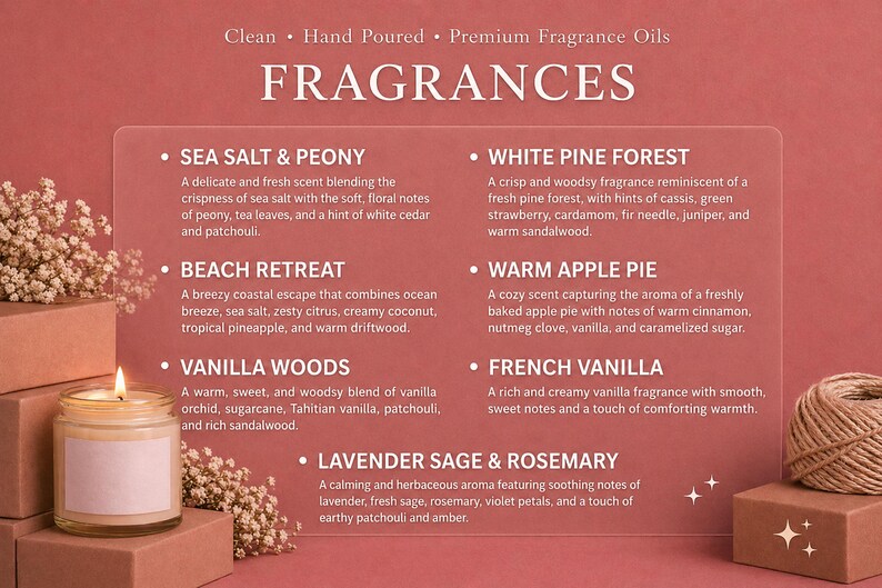 The image is a collection of scented candles and flowers, each with a label describing the fragrance.