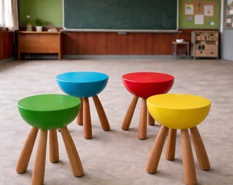 4 Montessori Wooden Kids Stool – Colorful Round Seat Chair – Toddler Stool for Classroom & Playroom – Handmade Solid Wood Children Furniture