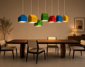 Colorful Wooden House Pendant Light, Kids Room Chandelier, Nursery Ceiling Lamp, Playroom Lighting, Handmade Wood Pendant, Dining Room Light