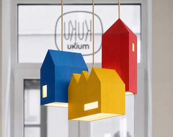 Wooden House Chandelier for Kids Room, Colorful Nursery Pendant Light, Montessori Lighting, Playroom Ceiling Lamp, Set of 3