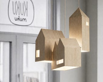 Wooden House Pendant Light, Kids Room Ceiling Lamp, Nursery Lighting, Scandinavian Wooden Hanging Lamp, Minimal Wood Chandelier
