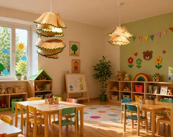 Juego de 2 lámparas colgantes de madera para niños – Lámpara de techo artesanal para guardería – Lámpara de araña para sala de juegos – Iluminación Montessori para habitaciones infantiles