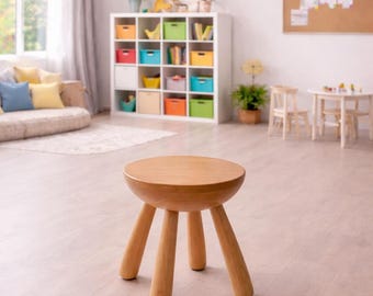 Montessori Wooden Stool for Kids – Yellow Round Seat | Toddler Chair | Nursery Furniture | Kids Room Decor | Handmade Wooden Stool