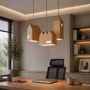 Puede incluir: Tres l&aacute;mparas colgantes de madera con forma de casa cuelgan sobre un escritorio de madera en una oficina. Las luces son de color marr&oacute;n claro y tienen aberturas rectangulares que emiten luz. La oficina tiene una ventana grande y una estanter&iacute;a empotrada.