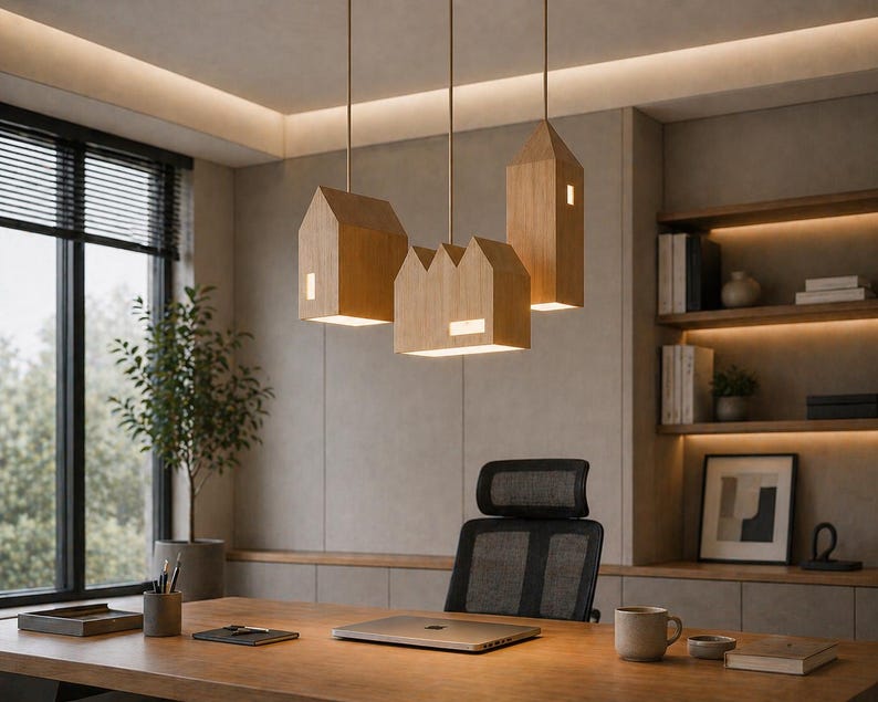 Puede incluir: Tres l&aacute;mparas colgantes de madera con forma de casa cuelgan sobre un escritorio de madera en una oficina. Las luces son de color marr&oacute;n claro y tienen aberturas rectangulares que emiten luz. La oficina tiene una ventana grande y una estanter&iacute;a empotrada.