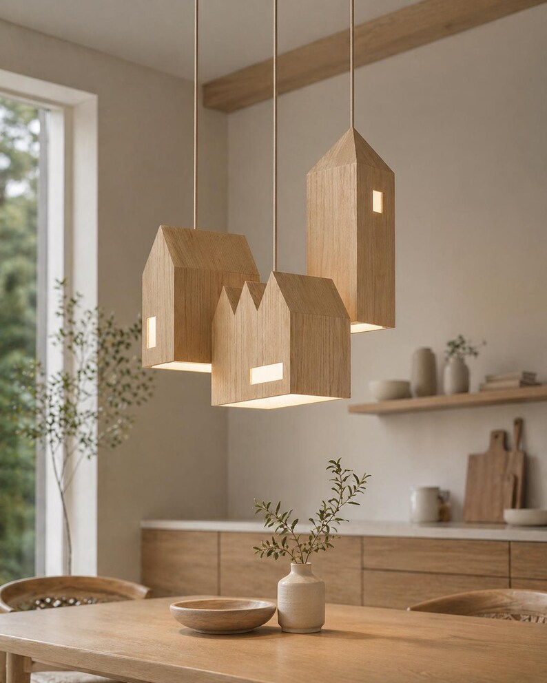 Puede incluir: Tres l&aacute;mparas colgantes de madera con forma de casa cuelgan del techo. Cada l&aacute;mpara tiene una ventana rectangular que emite un brillo c&aacute;lido. Las l&aacute;mparas est&aacute;n suspendidas sobre una mesa de comedor de madera.