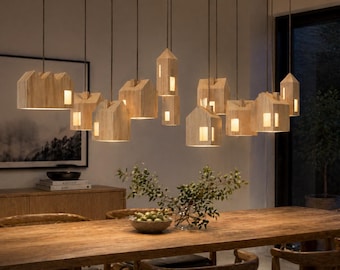 Juego de lámparas colgantes de madera con forma de casa, lámpara de techo tipo racimo, iluminación escandinava de madera, lámpara colgante moderna, luminaria para habitación infantil.