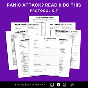Op de afbeelding: Een set van acht witte werkbladen getiteld Panic Attack? Read & Do This Protocol Kit, inclusief een Panic Response Script, Medical Thought Loop Worksheet, Nighttime Anxiety Worksheet, Panic Attack Log, Panic Recovery en ER/Urgent Care Record.