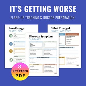 May include: A three-page digital health tracker set titled IT'S GETTING WORSE, FLARE-UP TRACKING & DOCTOR PREPARATION. The pages include a Low-Energy Flare Log, a Flare-up Symptom Summary, and a What Changed Since Last Visit form.