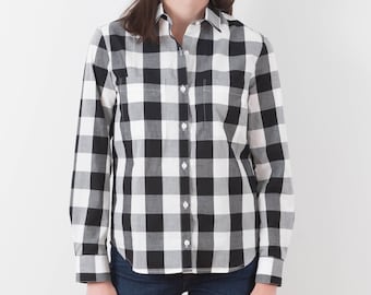 Chemise Jane + Delancey Pour Femme, Taille L, Carreaux Noir Et Blanc, Manches Longues, Boutons, En Rayonne