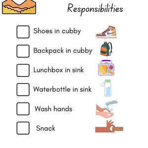 Może przedstawiać: Biały wykres ze słowami "AFTER SCHOOL Responsibilities". Wykres zawiera listę kontrolną z ilustracjami butów, plecaka, pudełka na lunch, butelki z wodą, mycia rąk i przekąski.