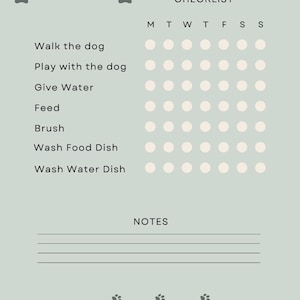 Może przedstawiać: Lista kontrolna dotycząca pielęgnacji zwierząt domowych na jasnym zielonym tle. Lista kontrolna obejmuje zadania takie jak spacery, zabawa i karmienie psa. U góry widnieje napis "PET CARE" i "CHECKLIST". Na górze i na dole znajdują się odciski łap.