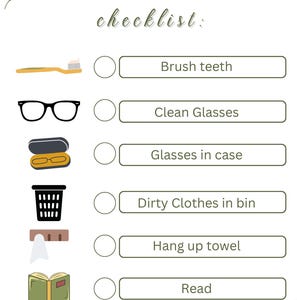 Puede incluir: Una lista de verificación para la hora de acostarse con ilustraciones de un cepillo de dientes, gafas, un estuche para gafas, un cubo de basura, una toalla y un libro. El texto incluye "Cepillarse los dientes", "Limpiar las gafas", "Gafas en el estuche", "Ropa sucia en el cubo", "Colgar la toalla" y "Leer".