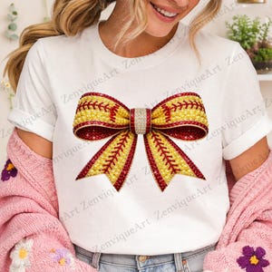 Rhinestone Softball Bow PNG - Faux Pearl Crystal Mosaic Bling Sparkle Sports Mom Sublimation - Yellow Red Glitter Bow Digital Download