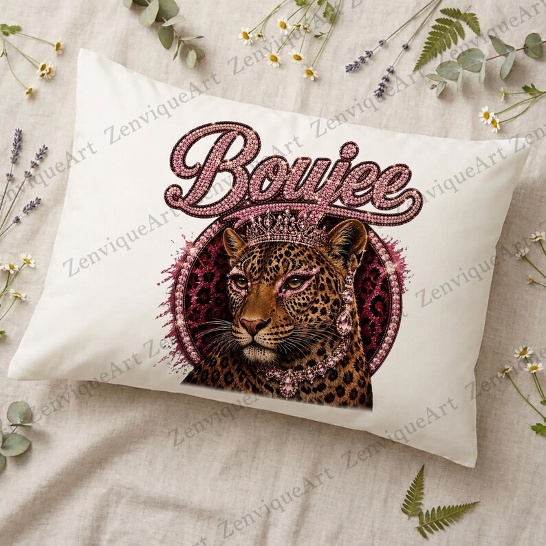 Boujee Leopard PNG, sublimeringsfil med rosa strass-cheetah, glamourös faux bling-design med stor katt, vildkatter PNG, digital nedladdning av lyxkrona DTF bild 4