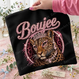 Boujee Leopard PNG, sublimeringsfil med rosa strass-cheetah, glamourös faux bling-design med stor katt, vildkatter PNG, digital nedladdning av lyxkrona DTF bild 1