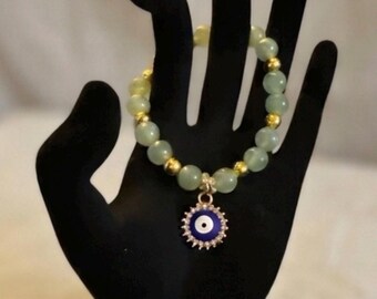Green Aventurine Evil Eye Bracelet – 8mm Natural Crystal, Gold Accent Protection Jewelry