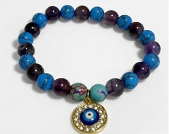 Turquoise Amethyst Jasper Evil Eye Bracelet, Anxiety Relief Gemstone, Spiritual Healing (Stretch)