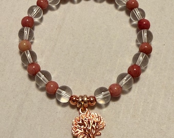 Tree of Life Copper Rhodolite Garnet Bracelet, Clear Quartz Grounding Energy Jewelry