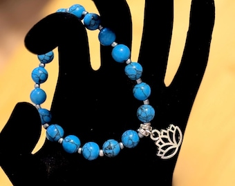 Natural Blue Turquoise Bracelet, Silver Lotus Charm, Gemstone Tranquility Jewelry