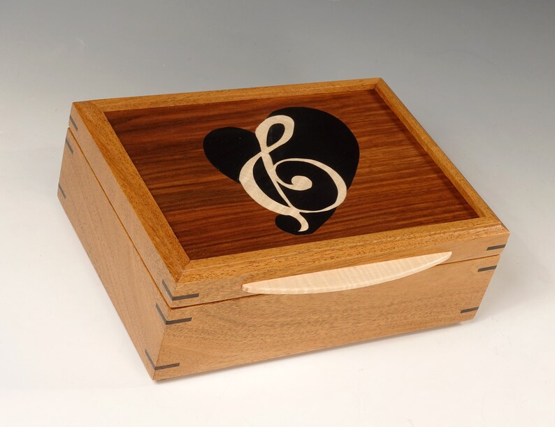 Wood keepsake box jewelry boxmemory box with inlaid lid celebrating the love of musicgift for music lover
