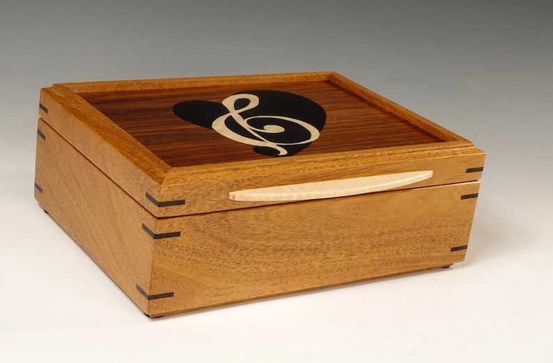 Wood keepsake box jewelry boxmemory box with inlaid lid celebrating the love of musicgift for music lover
