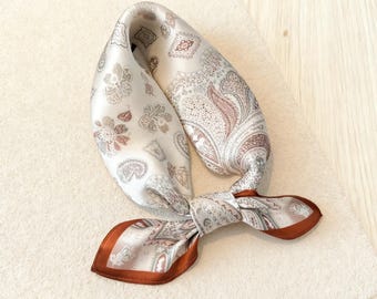 Handmade Paisley Satin Square Scarf | Neutral Tone Neck Wrap & Hair Tie | Boho Vintage Accessory Gift