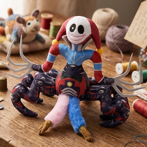 May include: A plush toy featuring a jester-like head with a white face, wide smile, and red and white hat, attached to a dark, multi-legged spider-like body with red and blue accents, long white felt claws, and two lower legs in pink and blue.