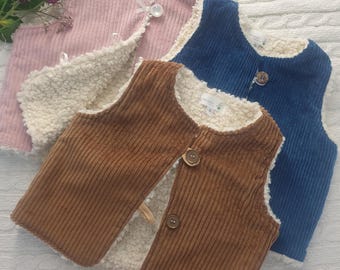 Cotton Corduroy & Faux Sherpa Toddler Vest, 3 colours  Blue Tan Pink - Limited Sizes Australian made