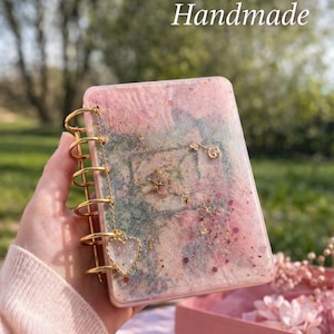Resin Notebook A7 with Gold Charm, Pink Glitter Journal, Small Pocket Notebook, Handmade Gift for Her, Floral Resin Diary, Gift Ready
