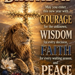 May include: A vertical digital print featuring a lion resting on a rocky ledge with a floral cross behind it. The text reads: HAPPY BIRTHDAY. May you enter this new year with COURAGE for the unknown, WISDOM for every decision, FAITH for every waiting season, and PEACE that does not depend on circumstances. May the strength of God steady your heart and guide your steps.