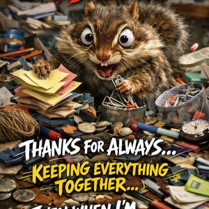Könnte beinhalten: Eine humorvolle Geburtstagskarte mit einem Chipmunk, umgeben von Bürobedarf. Der Text lautet: "HAPPY BIRTHDAY BABE!" und "THANKS FOR ALWAYS... KEEPING EVERYTHING TOGETHER... EVEN WHEN I'M CLEARLY NOT HELPING."