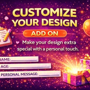 Op de afbeelding: Een digitale afbeelding met de tekst "PAS UW ONTWERP AAN" en "ADD ON". De afbeelding bevat ballonnen, een klembord, cadeau dozen en invulvelden voor naam, leeftijd en een persoonlijke boodschap, alles tegen een sprankelende paarse achtergrond.